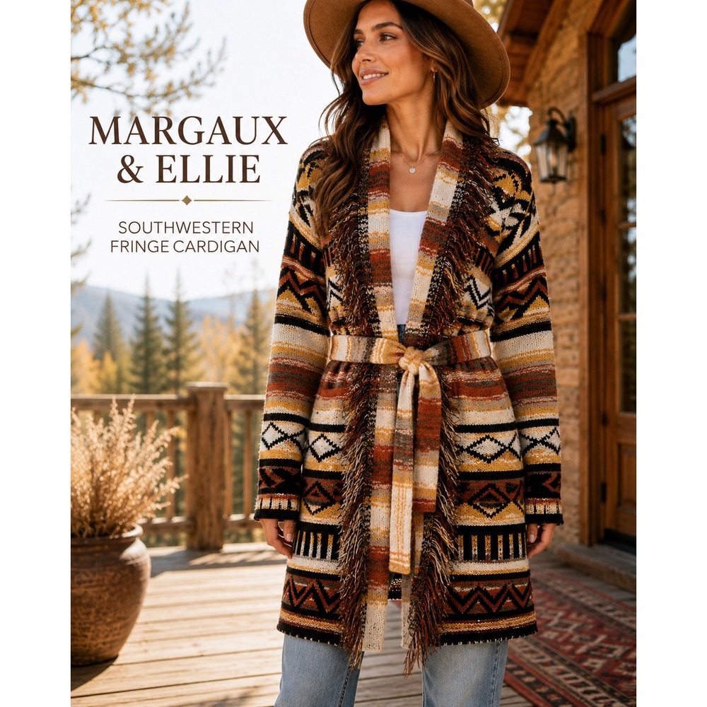 Margeaux & Ellie Aztec Cardigan Women S Multi Boho Fringe Belted Southwestern